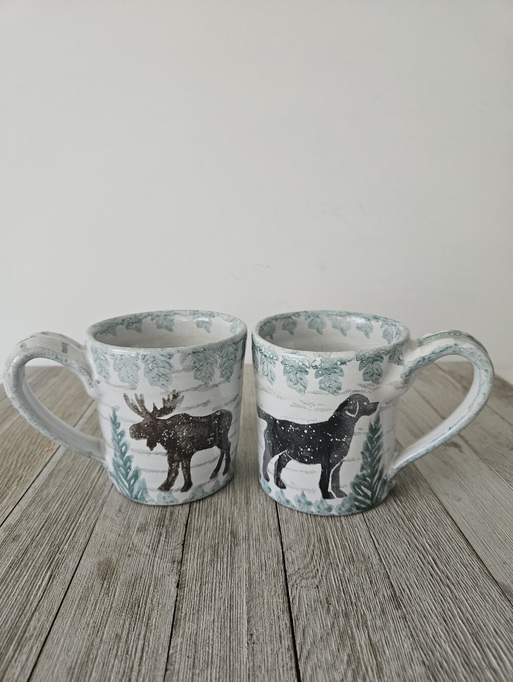 Pair of 2 Vermont Pottery Moose and Dog Ceramic Coffee Mugs Set Handmade Kitchen